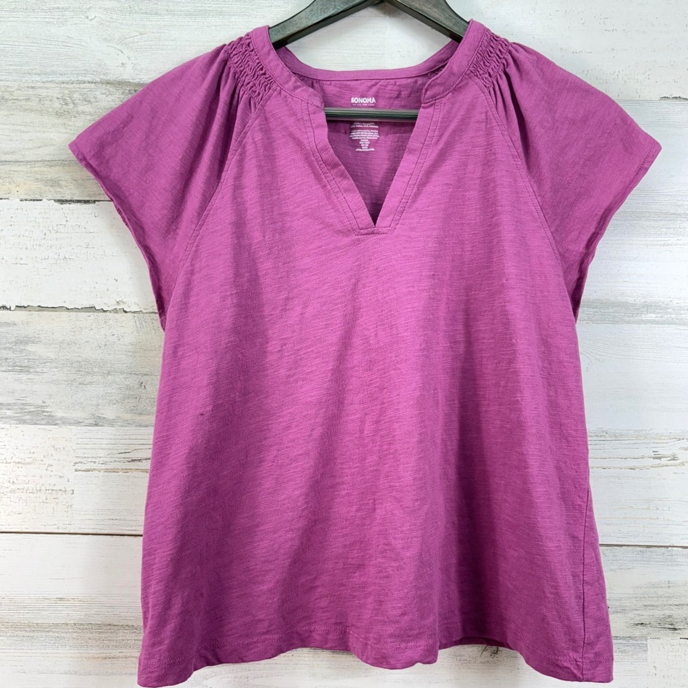 Sonoma Goods For Life Womens Magenta Purple Smocked Split Neck Cap Sleeve Top L